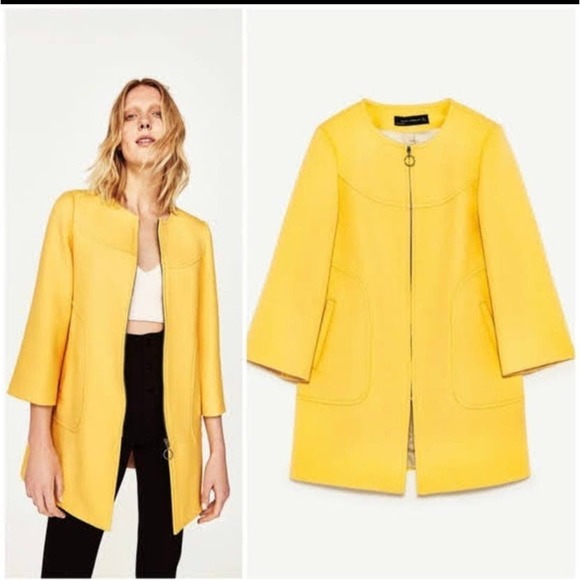 Zara Yellow Round Neck Full Zip Tailored Coat 3/4 Length Sleeves Size Medium - Picture 2 of 10